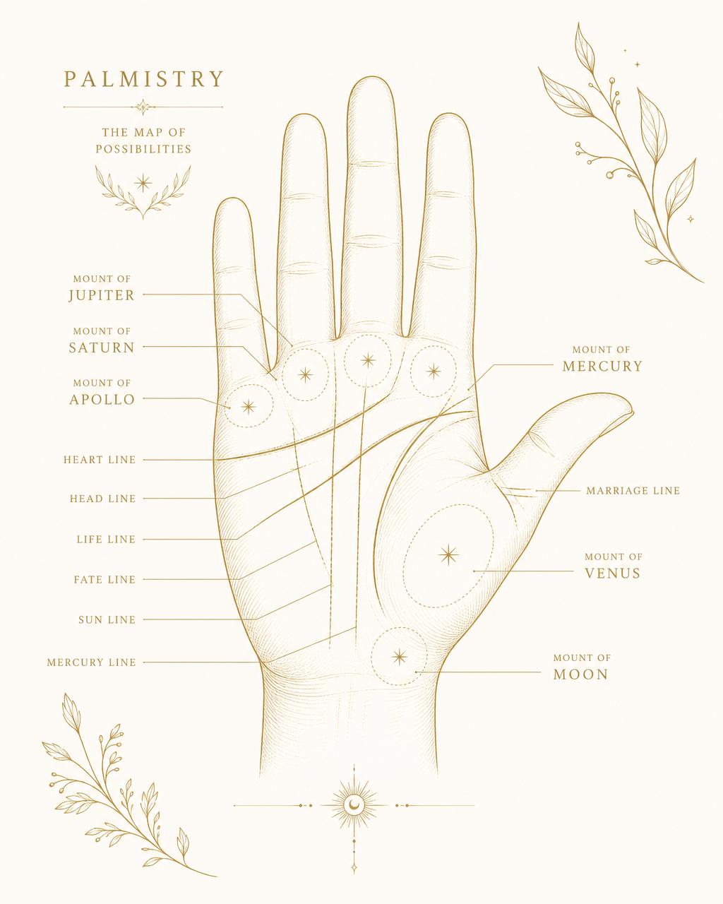 Illustrated palm reading chart with life line, head line and heart line